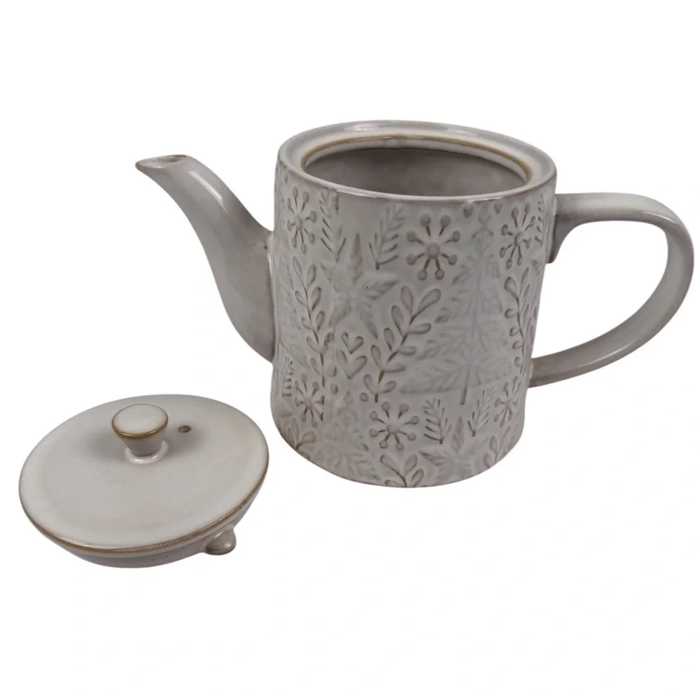 World Market Holiday Teapot Cream Reactive Glaze Embossed Ceramic NWT
